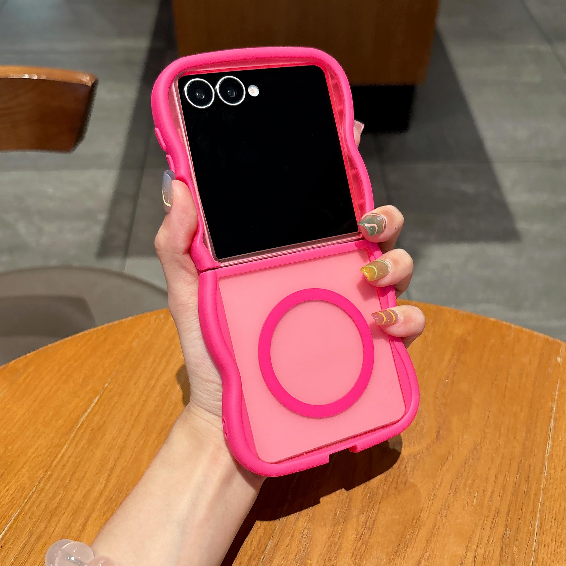 Photo 1 of UEEBAI Magnetic for Samsung Galaxy Z Flip 7 5G Case, Compatible with MagSafe, Transparent Wave Frame Design Case Soft Edge Cover Cute Clear Matte Shockproof Protective Phone Case, Hot Pink