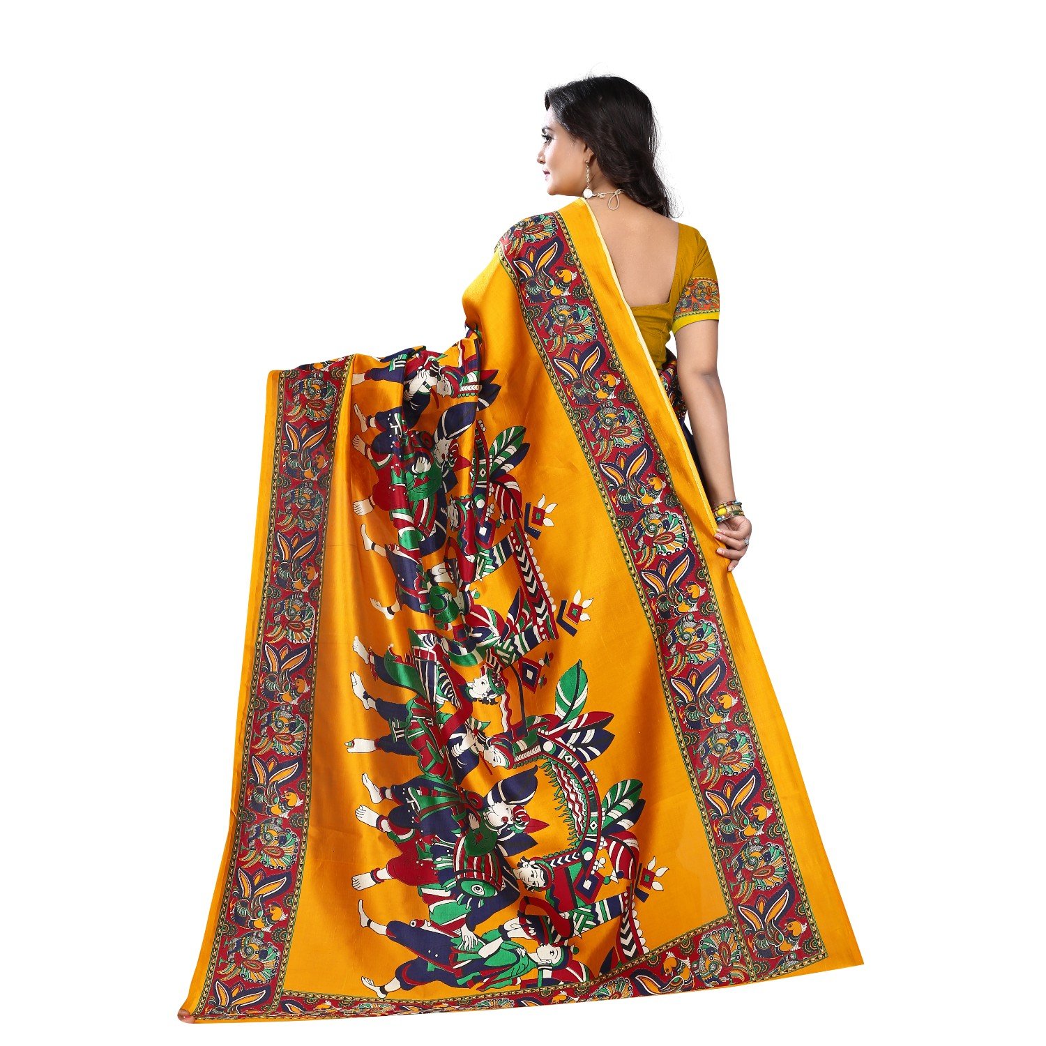 jaanvi fashion women's art silk kalamkari printed saree (blue_warli)