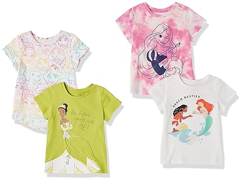 Amazon Essentials Disney | Marvel | Star Wars | Frozen | Princess Girls' Short-Sleeve T-Shirts, Pack of 4, Princess, X-Small