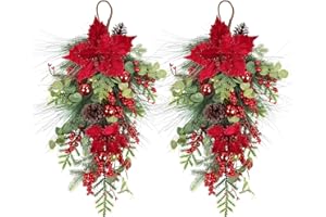 SHACOS 2Pcs 25inch Christmas Teardrop Swags with Red Berries Poinsettia Greenery Cedar Pine Needle Eucalyptus Pine Cones Xmas Balls Artificial Teardrop Swag for Front Door Holiday Fireplace