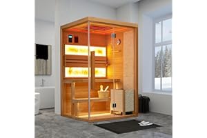 BNEHS Traditional Steam Sauna,2-4 Person Luxurious Indoor Sauna with 2300W Stove Heater,Wood Sauna Room with 2 Himalayan Salt Bricks,7-Color Dynamic Abysm Sky Lights,Bluetooth Speaker