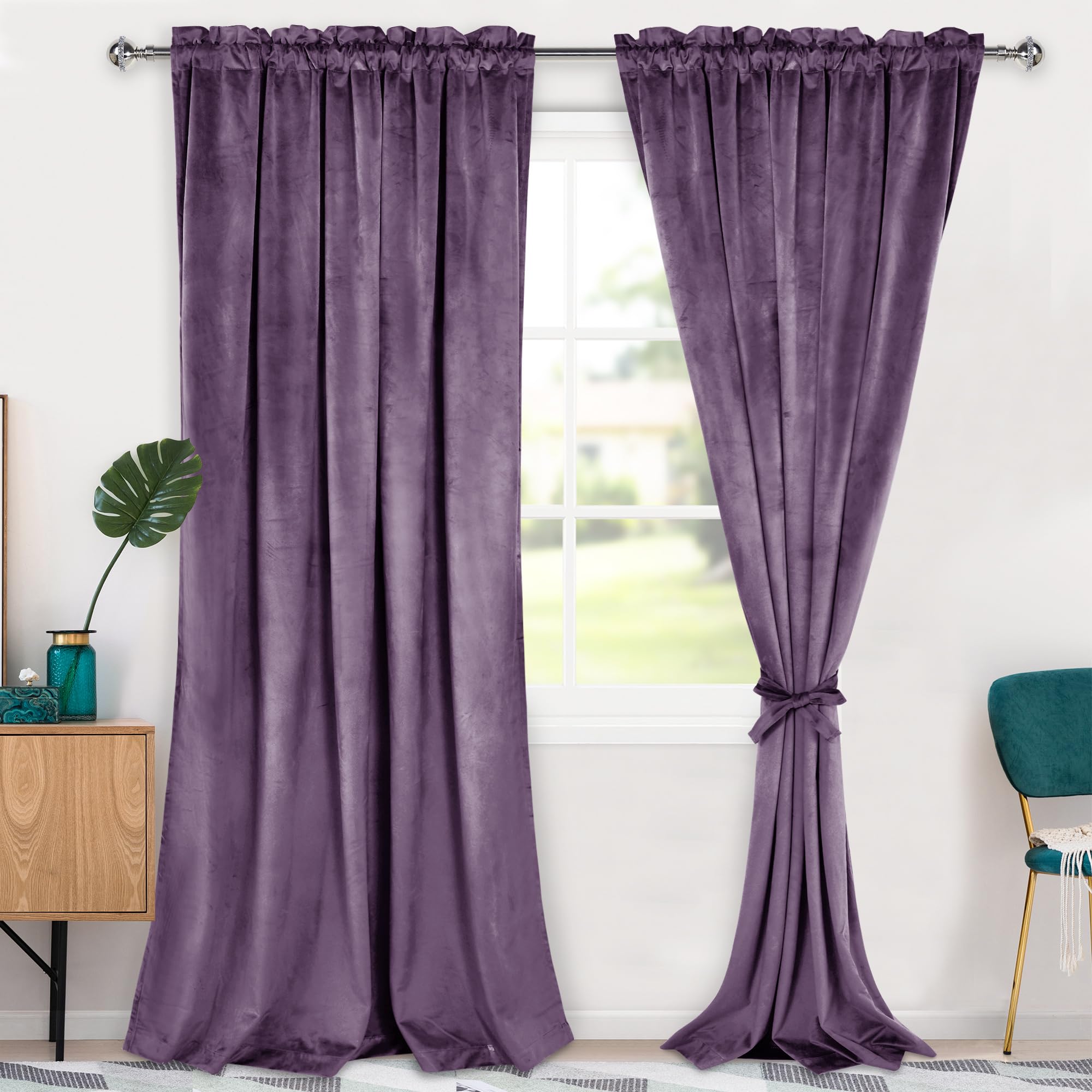 Hiasan Velvet Curtains 96 inch Blackout Rod Pocket Thermal Insulated Soft Curtains Room Darkening Window Drapes with Tiebacks for Bedroom Living Room, Set of 2 Panels, 60W x 96L, Lavender Image