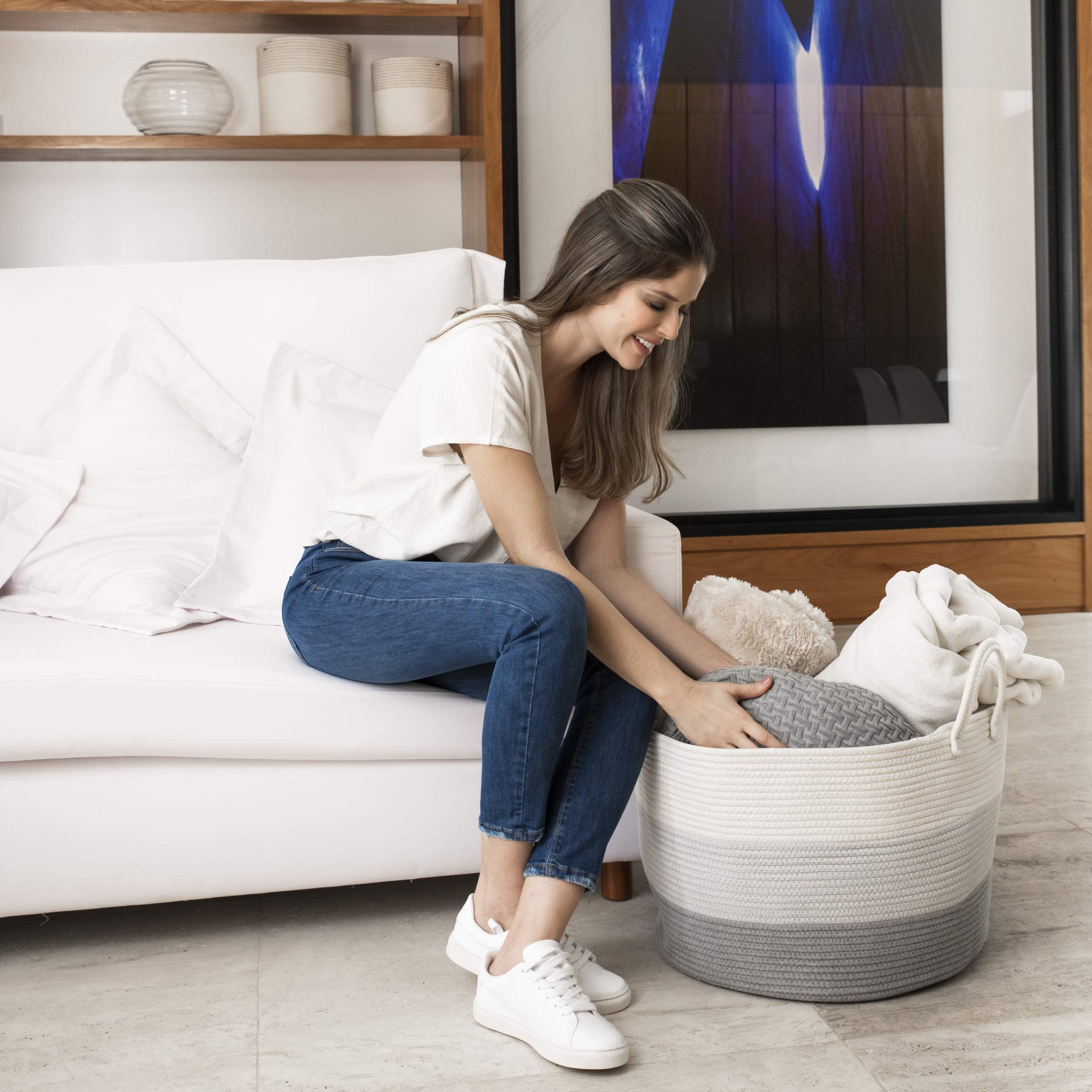 OrganiHaus Gray Extra Large Storage Basket for Blankets 20x13, Decorative Cute Laundry Hamper Basket for Clothes, Cotton Rope Basket for Blankets, Farmhouse Nursery Laundry Basket & Towel Hamper