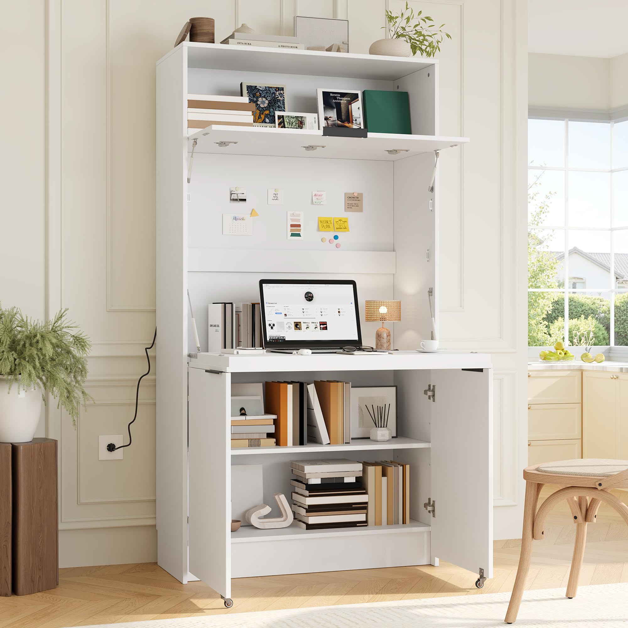 Photo 1 of Merax 69" Multifunctional Kitchen Pantry Buffet with Hutch, Foldable Secretary Desk & Power Outlet, Adjustable Shelf Storage Cabinet for Dining Room, Living Room, White