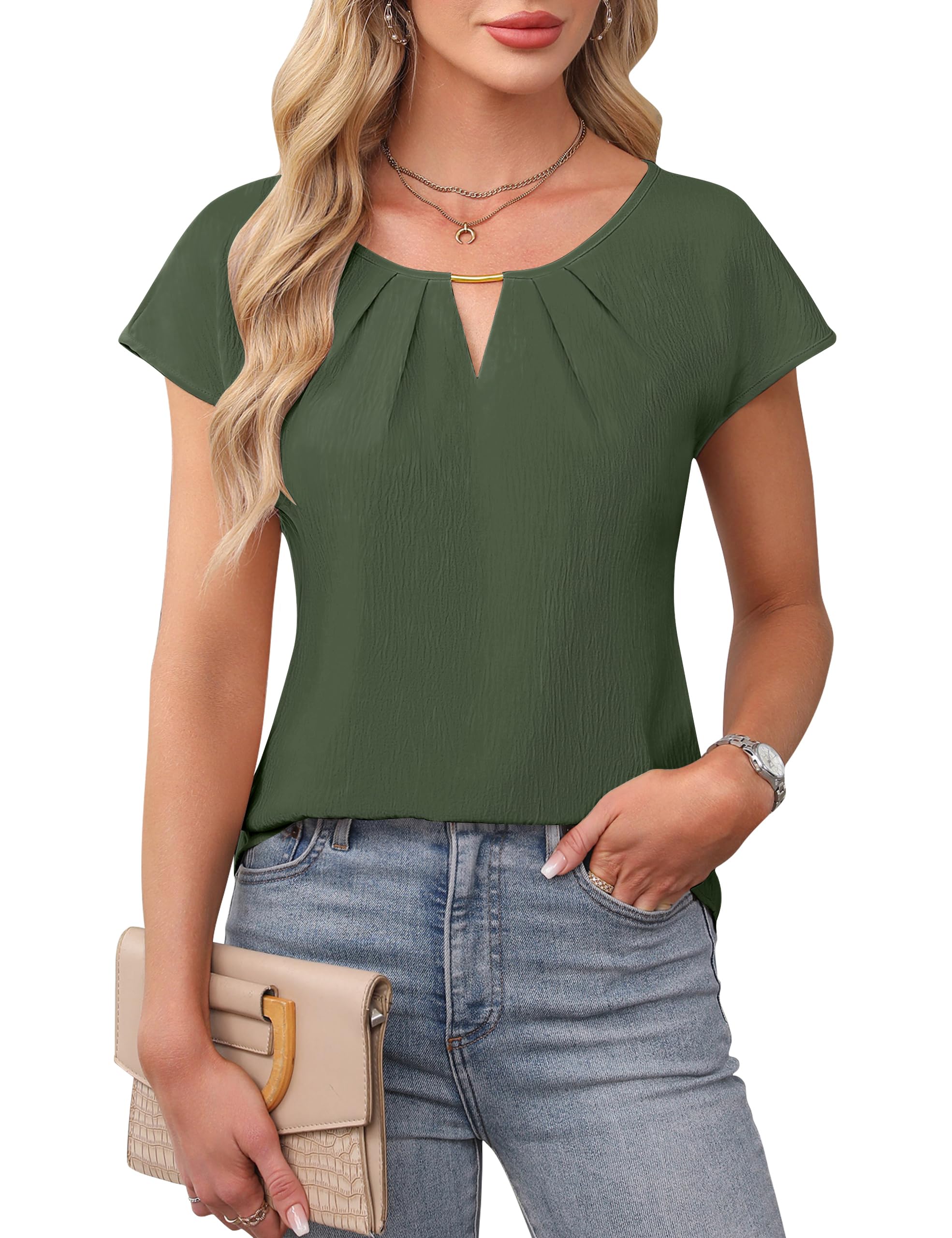 Photo 1 of Blooming Jelly Womens Cute Summer Tops Dressy Casual Short Sleeve Dress Shirts Business Casual Outfits (XL, Army Green)