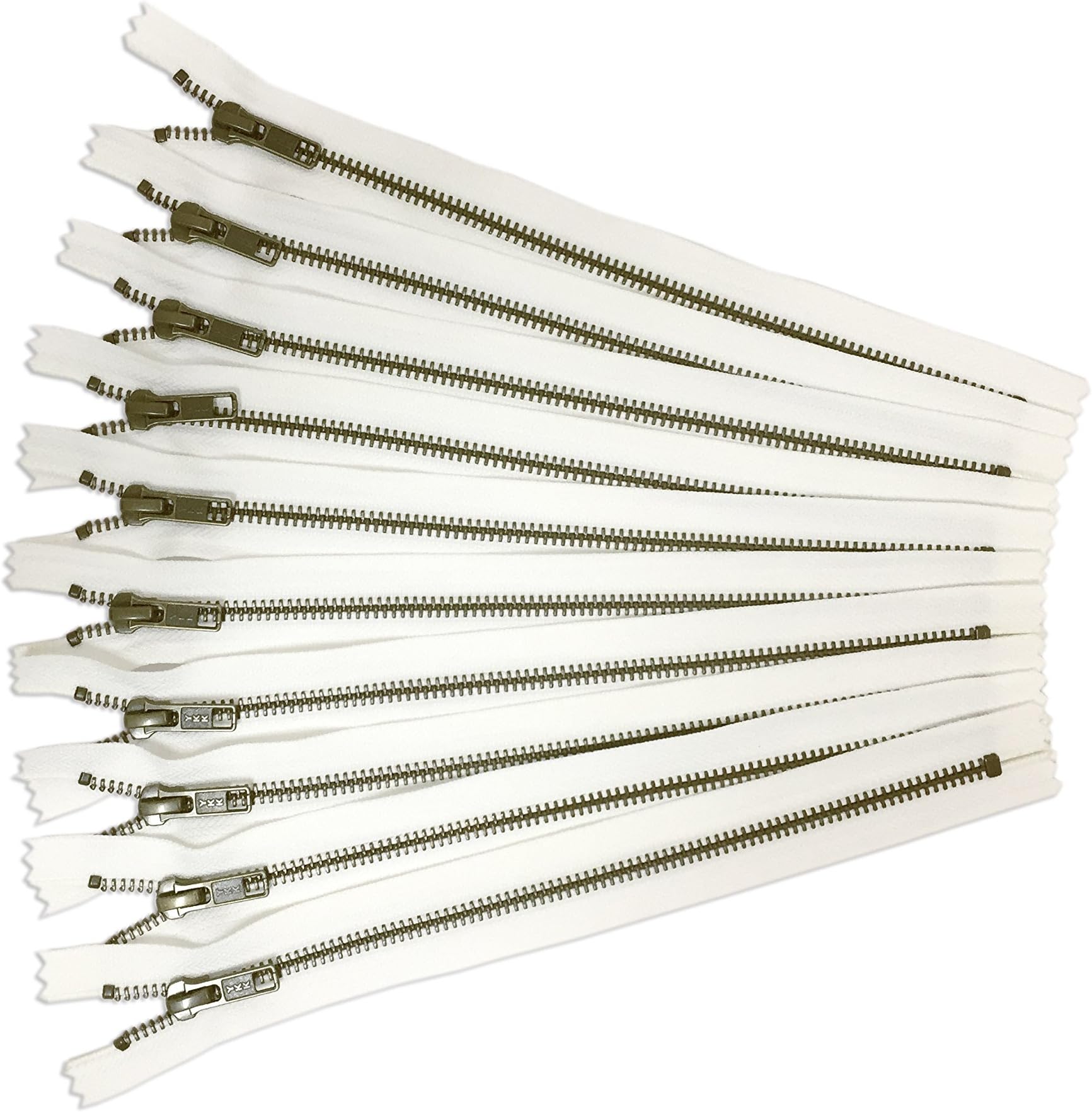 10 Pieces of White Bag Zippers - Antique Brass Zippers by YKK - 8 inches