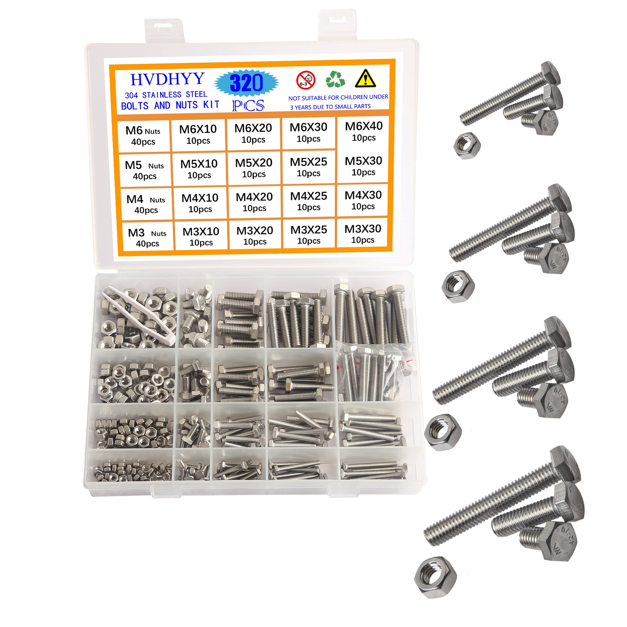HVDHYY M3 M4 M5 M6 Nut and Bolt set Machine Screws & Nuts Assortment kit 304 Stainless Steel Outer Hexagon Head Socket Button with a Reusable Storage Box (320pcs)