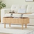 Fluted Lift Top Coffee Table with Hidden Compartment, Fully Assembled Wooden Center Table, Modern Oval Lift Tabletop for Home Living Room Office, Natural