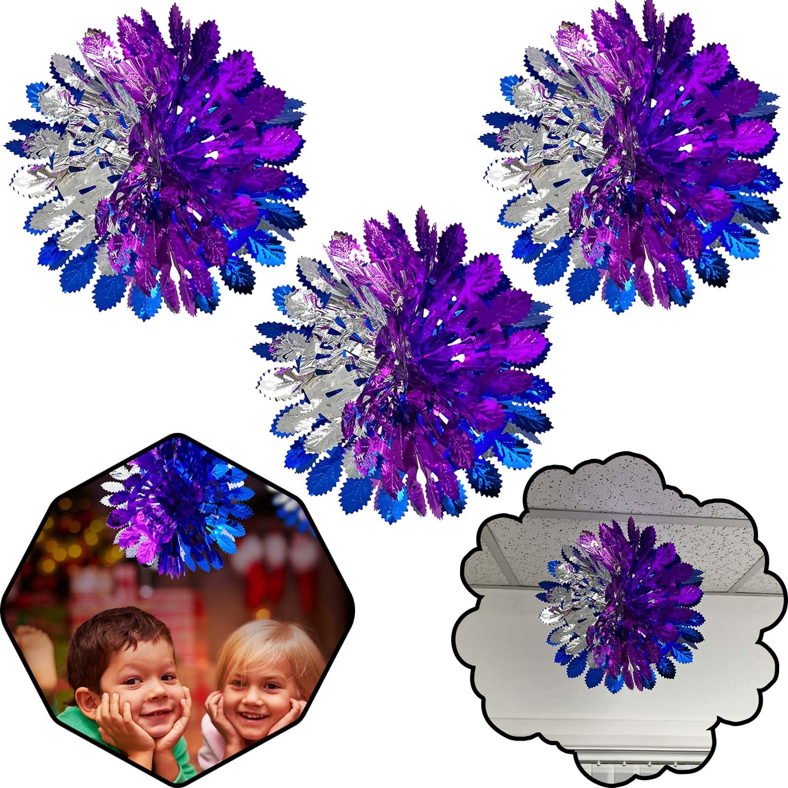 3PC Christmas Ceiling Decorations - Festive Foil Garland & Hanging Tinsel Balls in Purple, Silver & Blue | Xmas Tree Decor, Holiday Wall Hanging, New Year Party Decorations