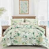 Anibedding 7Pieces Floral Queen Size Comforter Set, Green Garden Plant Style Bed in a Bag Flower Bedding with Pillow Case for Bedroom