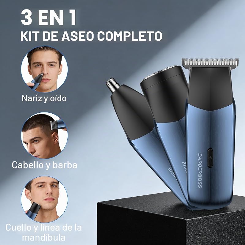 Afeitadora eléctrica 3 en 1 para hombre, kit de recortadora de viaje para hombres, recortadora de barba y cabello, recortadora de nariz y orejas (Azul Marino Metálico)