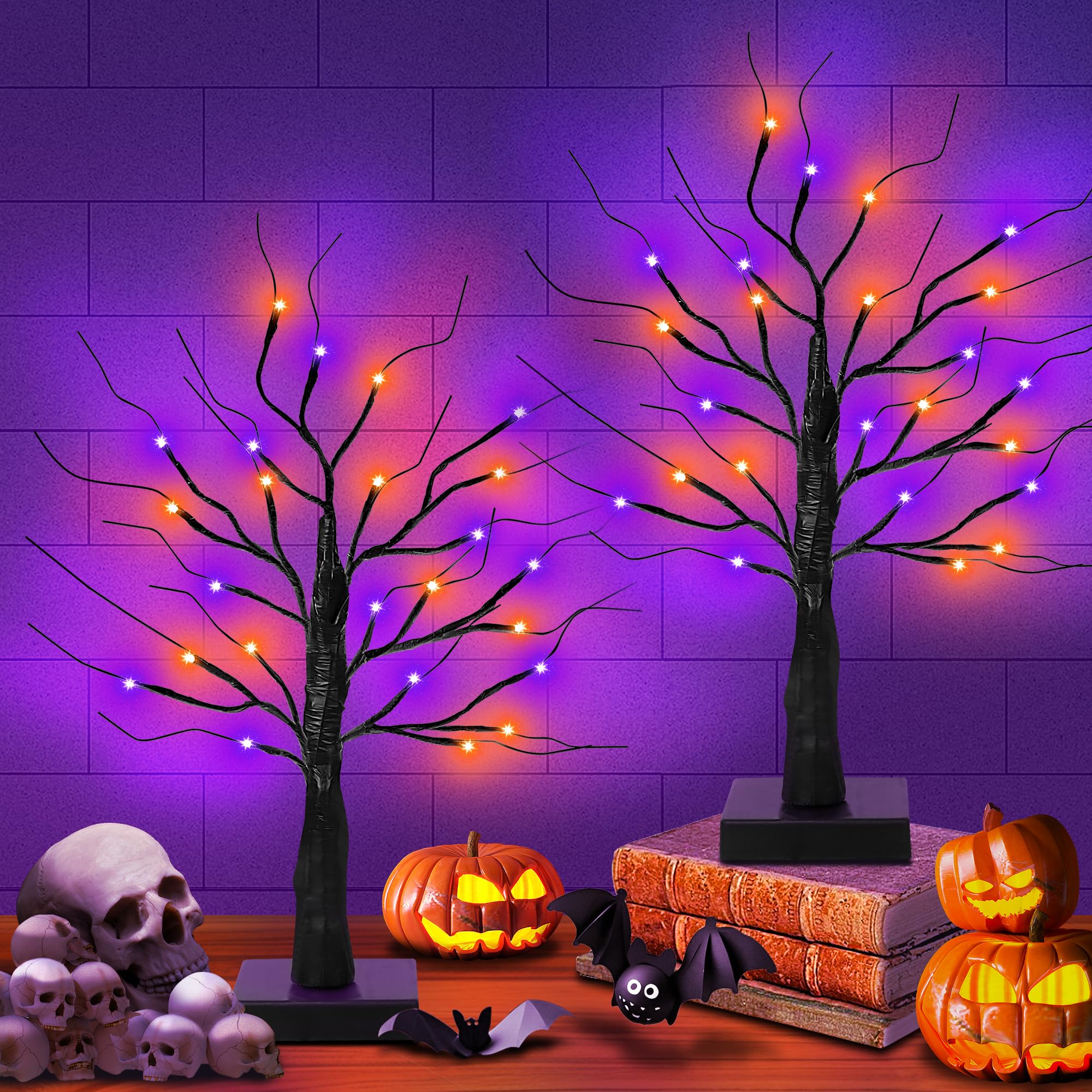 Photo 1 of [Timer] 2 Pack 24 Inch Black Halloween Tree with Orange Purple Lights, USB/Battery Operated Light Up Halloween Table Decorations, Spooky Halloween Decorations Indoor Home Mantle Room Party Decor