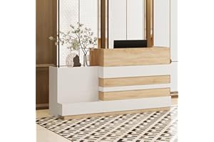 ECACAD Oak & White Reception Desk with Keyboard Tray, Retail Counter with Cabinet, Checkout Counter Table for Office Clinic Retail Lobby Salon