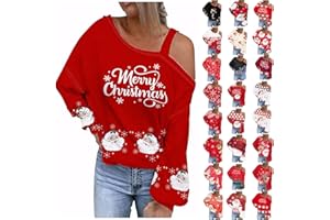 Christmas Shirts for Women Off Shoulder One Shoulder Long Sleeve Casual Shirts Christmas Print Top Loose Blouse Shirt
