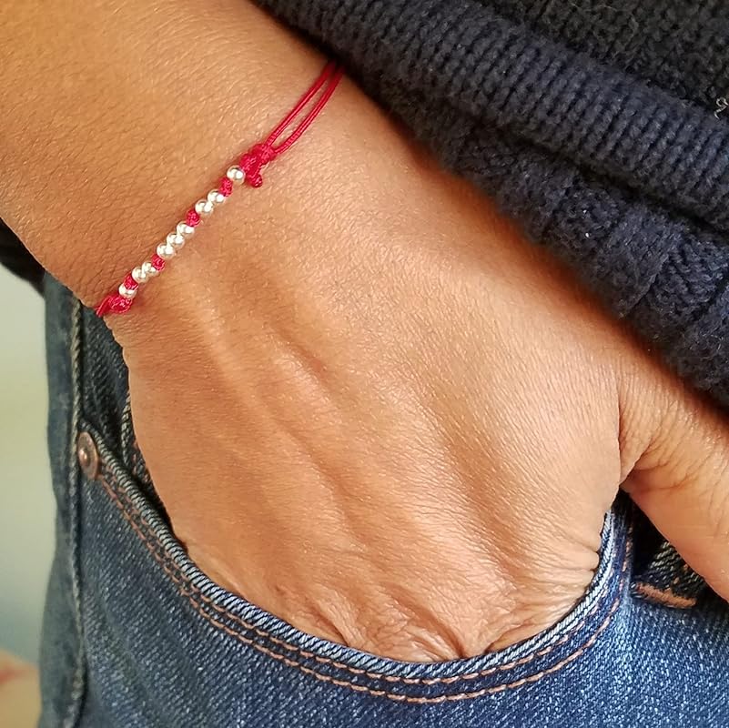 NINE Bead Red String Bracelet (Child (4" to 8" wrist), Gold