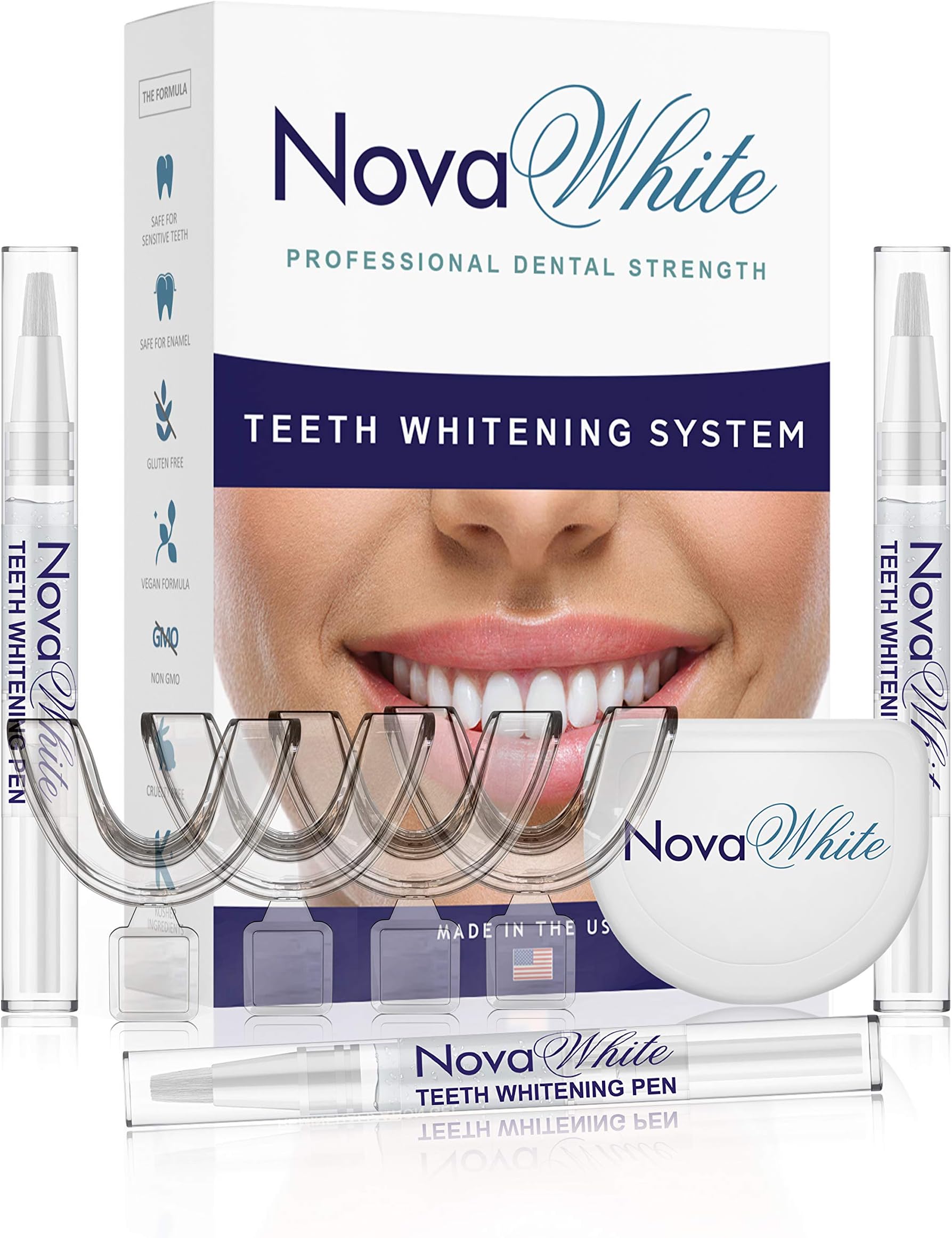 Teeth Whitening System, 60+ Treatments, Simple & Easy Brush On, NEW (3) Teeth Whitening Pens, (4) Mouth Trays, Hygiene Case, Better Tooth Coverage, No Sensitivity, Whiter Results, Remove Teeth Stains