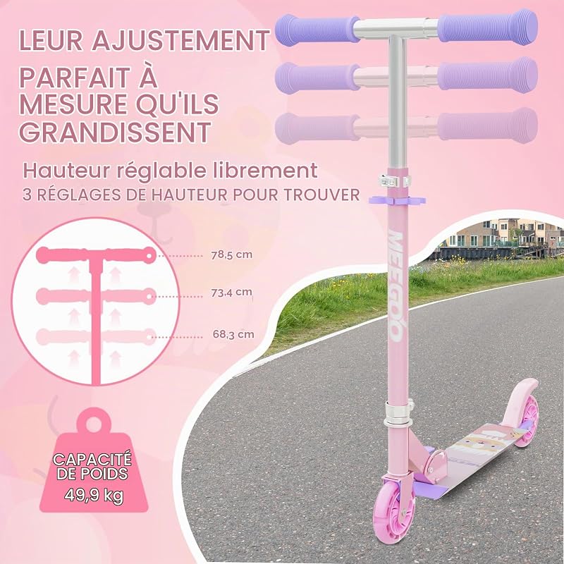 Trottinette pliable en aluminium avec 3 hauteurs réglables pour enfants de 3 ans et plus, rose