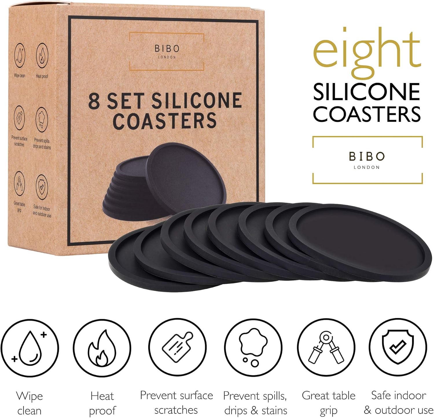 Set of 8 Black Drink Coasters by BIBO London™. Heatproof Drinks Mats, Protecting All Table Surfaces Including Wood, Glass - Image 3