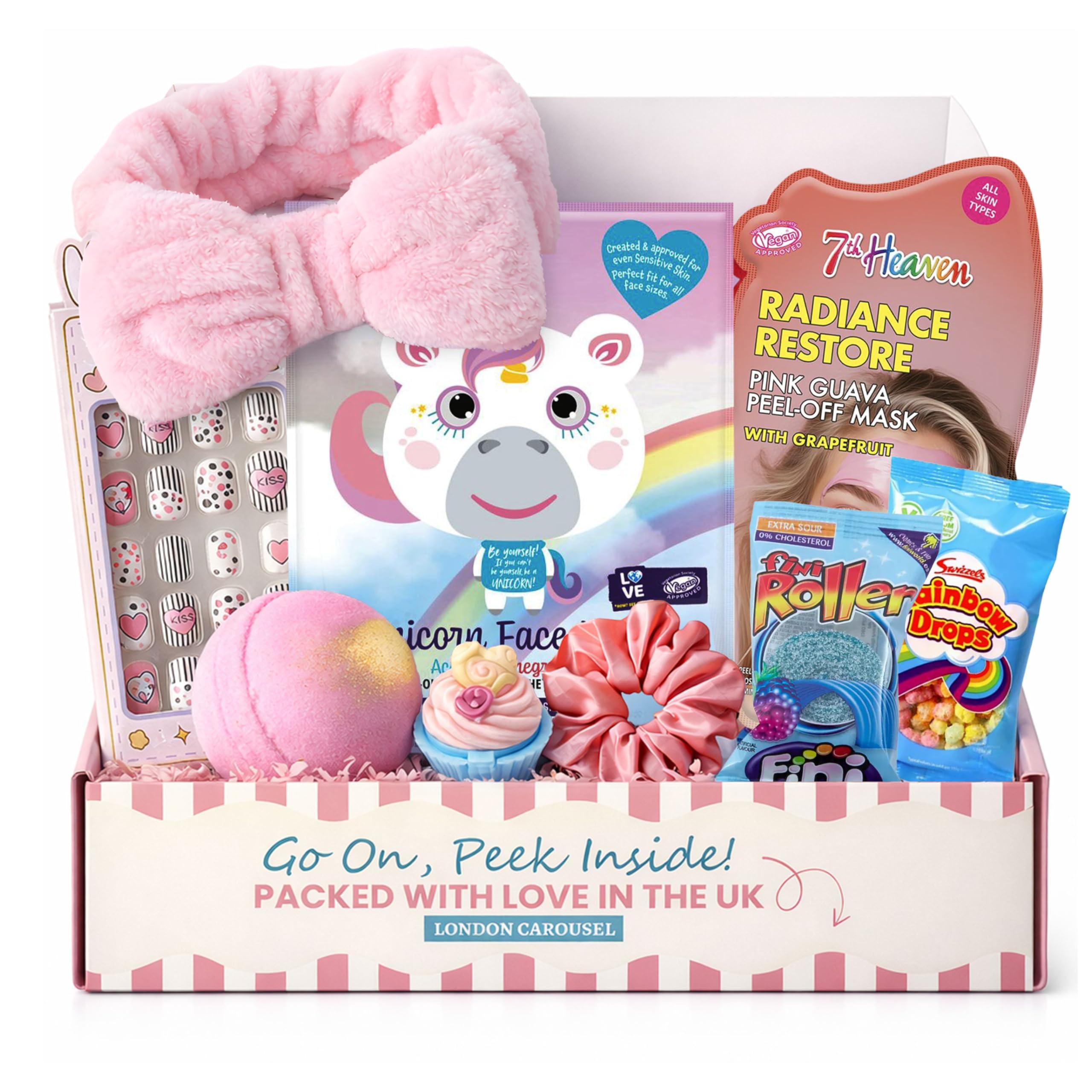 London Carousel, Girls Pamper Set - Kids Spa Set with Kids Face Masks Pamper Kids Spa Headband, Stick on Nails for Kids, Kids Bath Bombs, Unicorn Lip Balm and Girls Hair Scrunchies