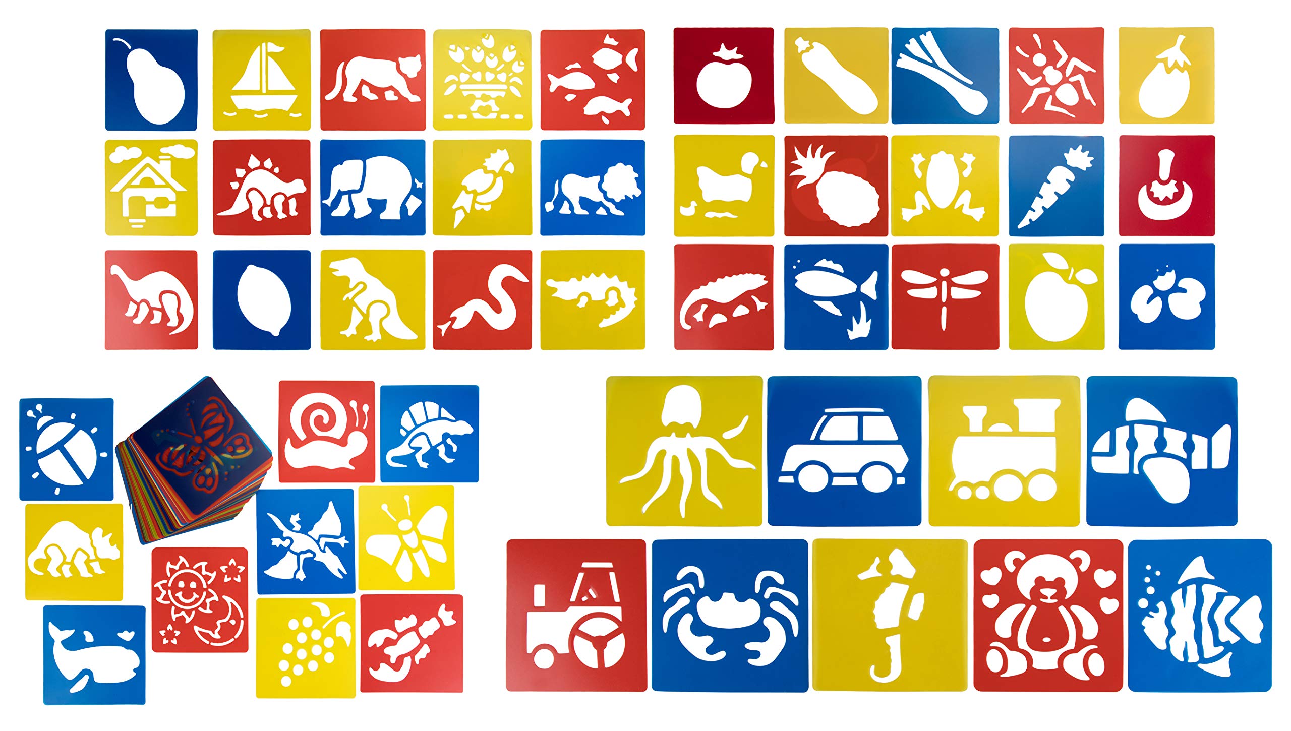 54-Pack Stencil Drawing Templates, Food, Vehicles, Animals Including Dinosaur, Spider, Crocodile, Plastic, 14 x 15 cm