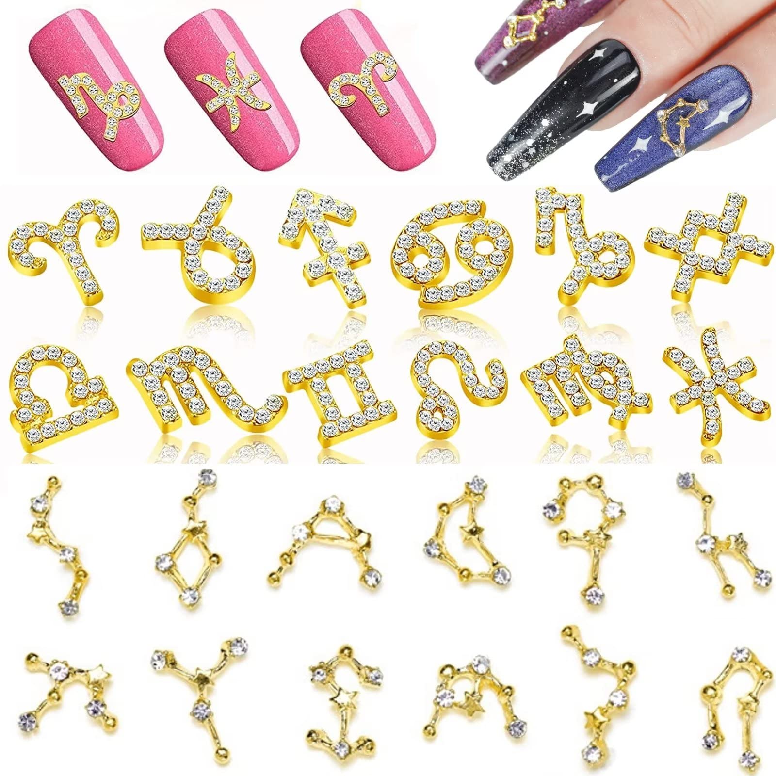 RUNRAYAY 24Pcs 3D Constellations Nail Art Charms with Rhinestones, Zodiac Nail Studs Diamonds for Nail Art Accessories, Retro Nail Jewelry Decoration for DIY Crafts Nail Decor