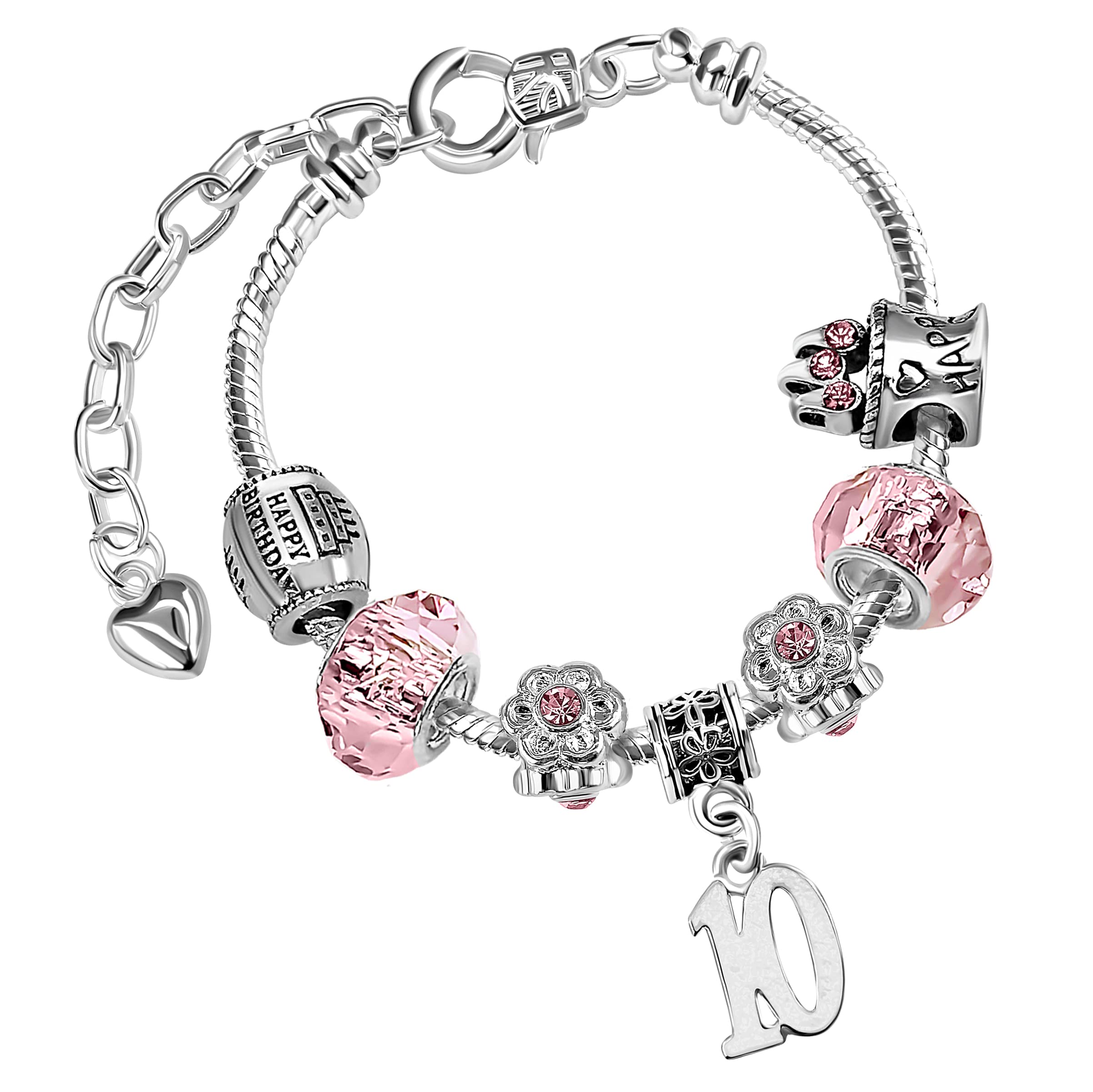 Girls 10th Birthday Sparkly Pink Crystal and Silver Plated Adjustable Celebration Charm Bracelet with Gift Box 10th Birthday Presents 10th Birthday Gifts for Girls Age 10 Girls Gifts