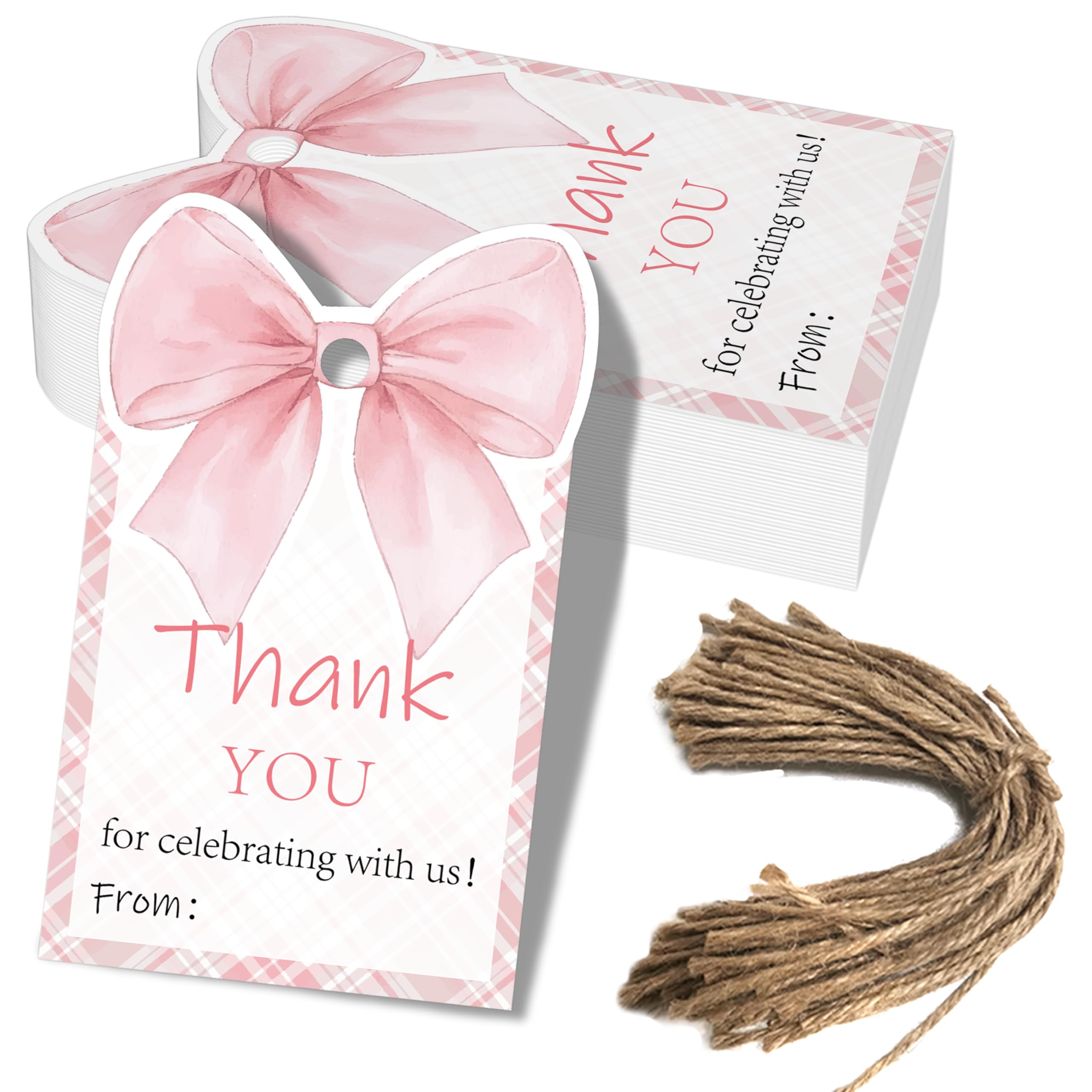 Photo 1 of 50 Pcs Pink Bow Thank You Gift Tags with Ribbon, Thank You for Celebrating with Us Tags for Coquette Baby Shower Birthday Party Favors Decoration (Pink, 2.3 * 3.6)