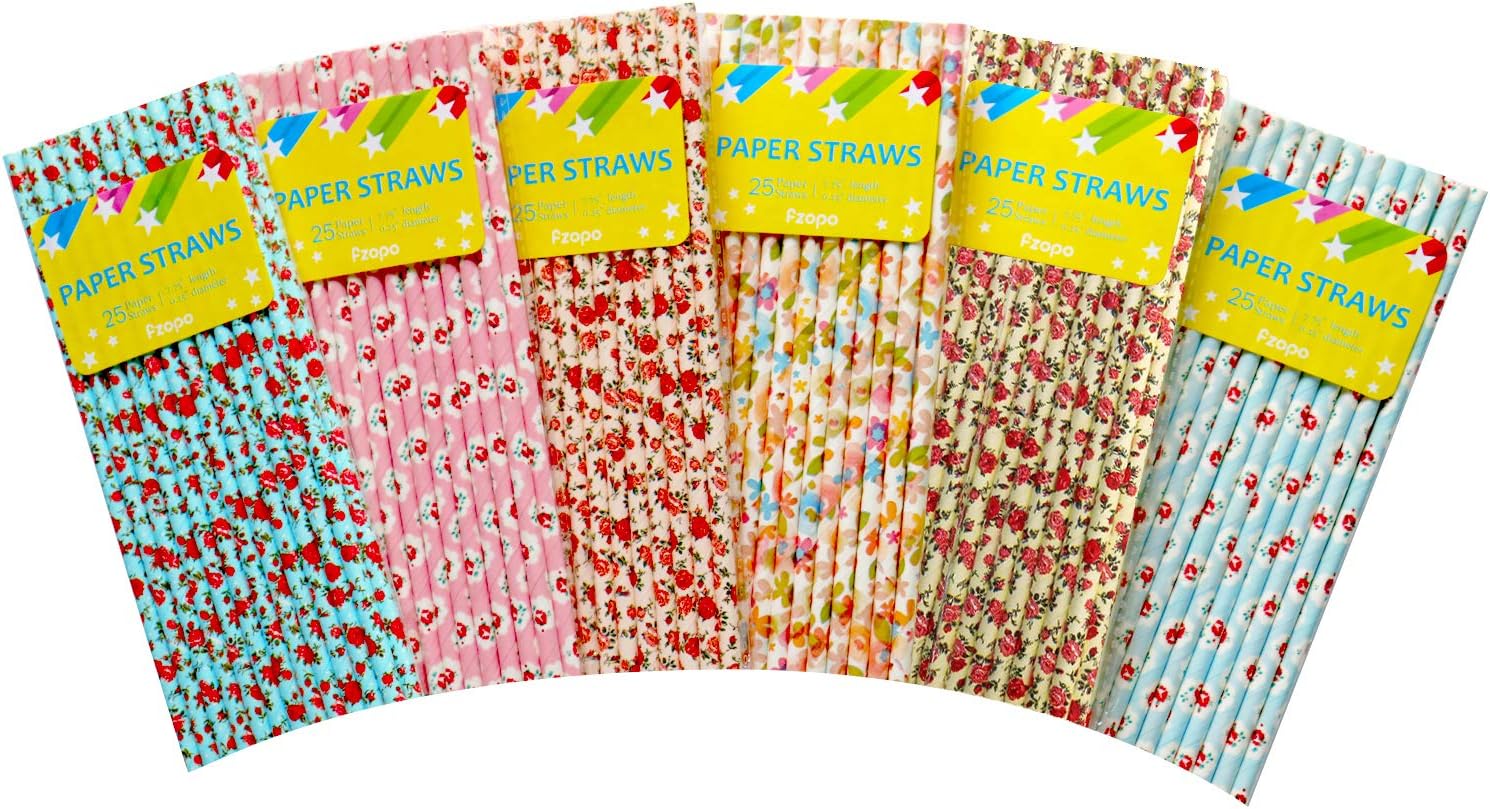 Floral Paper Straws, Pack of 150 Biodegradable Disposable Flower Straws for Bridal Shower, Weddings, Shabby Chic/Vintage Tea Party, Birthdays