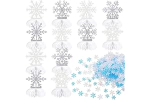 VABAMNA Frozen Winter Wonderland Party Decorations - 12Pcs White Silver Snowflake Honeycomb Table Centerpieces with 600pcs Snowflake Confetti for Christmas Holiday Winter Birthday Baby Shower Party Supplies