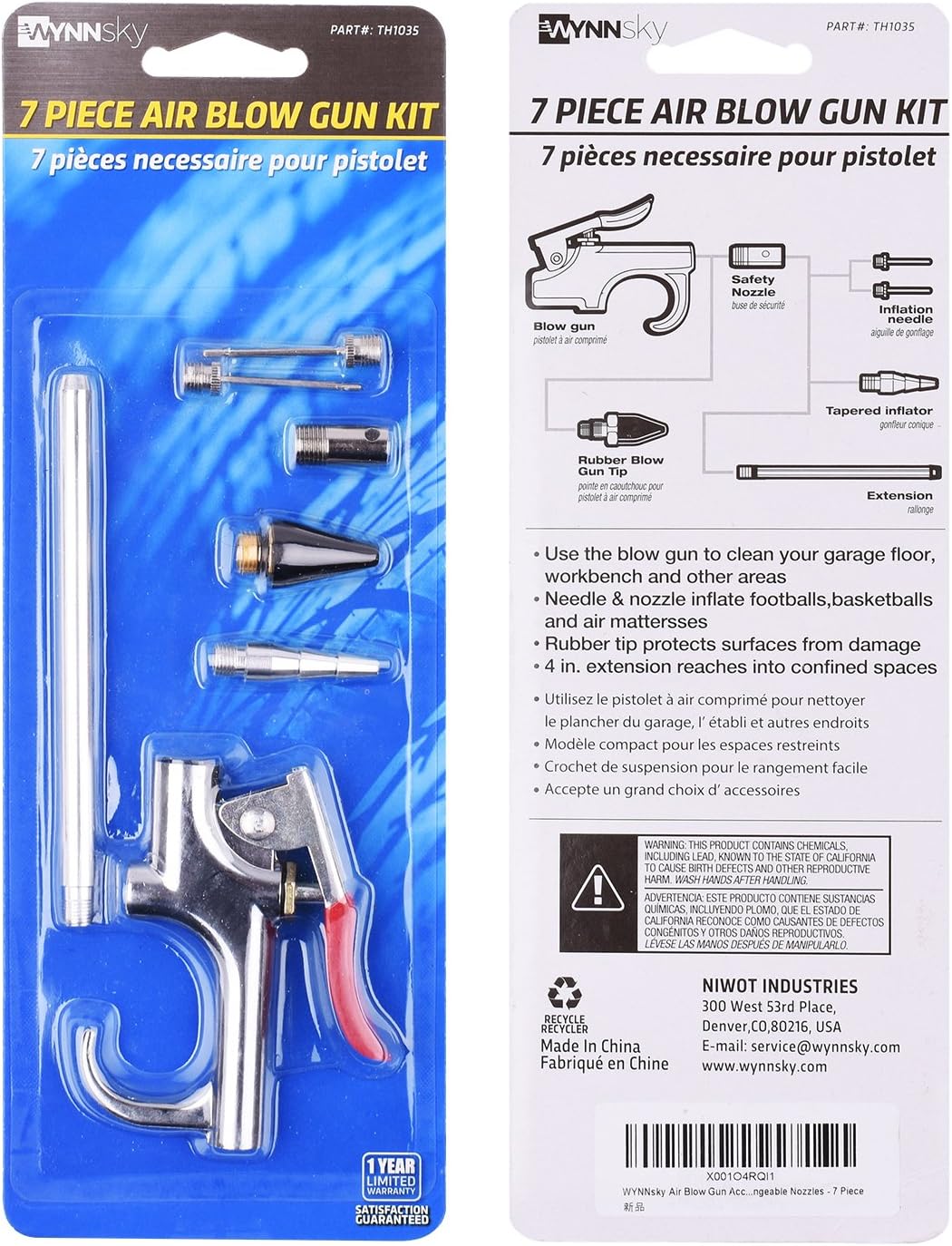 WYNNsky Air Blow Gun Accessory Kit with 5 Interchangeable Nozzles - 7 Pieces Air Compressor Tools Kit - - 