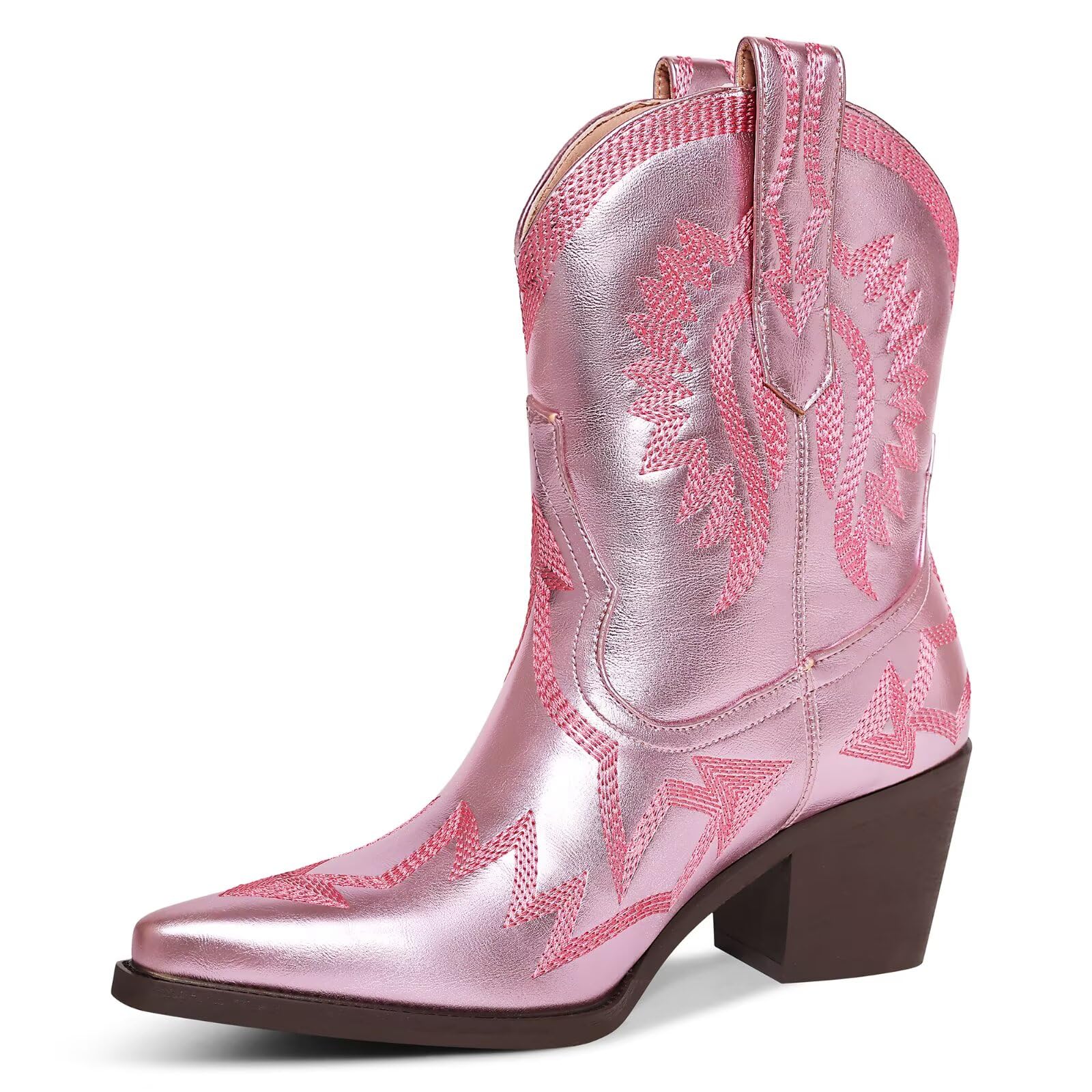 Photo 1 of HOCHFART Western Boots For Women Embroidered Pointed Toe Cowgirl Boots Chunky Heel Pull-On Short Cowboy Boots Wide Calf Fashion Retro Classic Country Ankle Boots, Pink, Size 6
