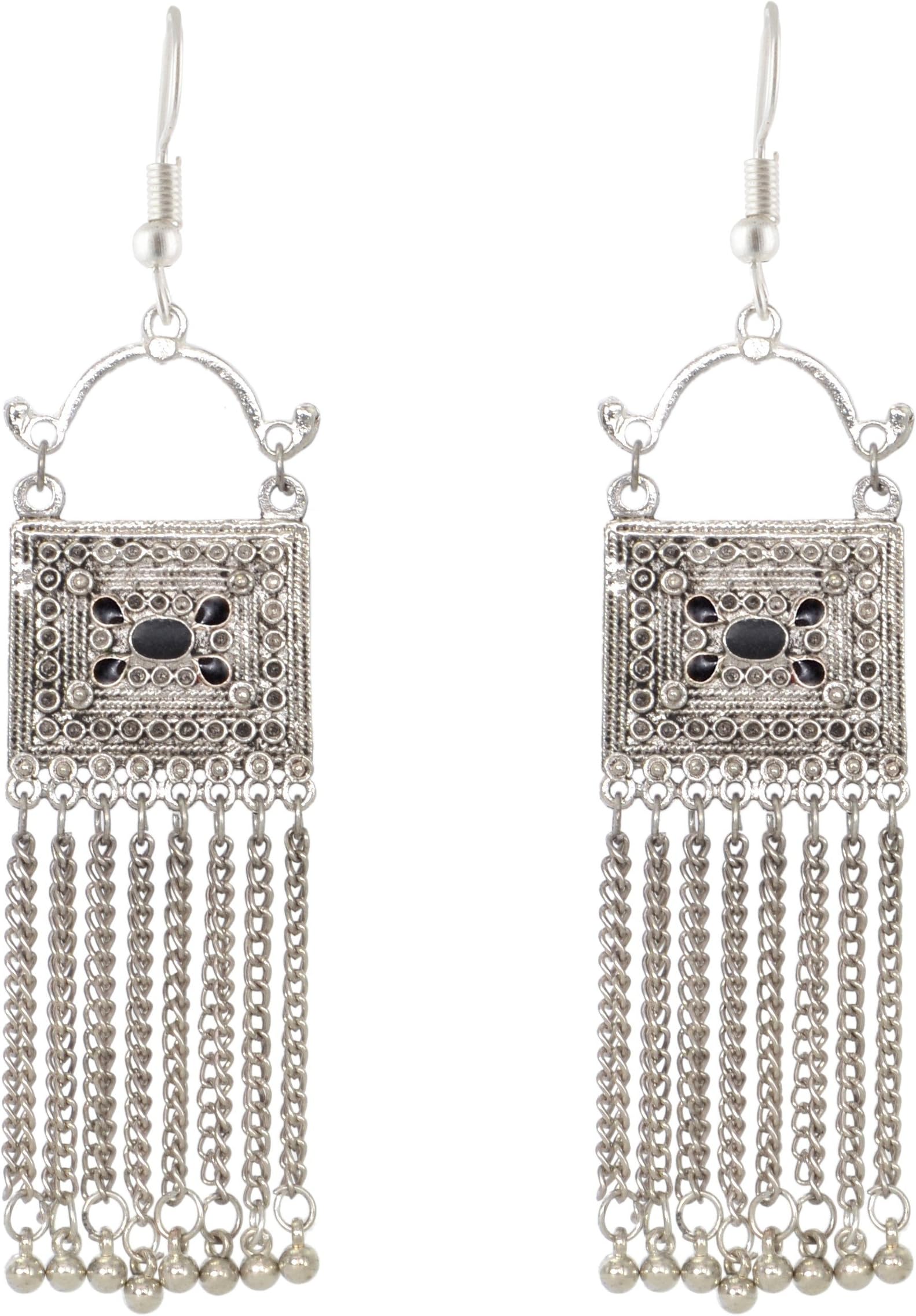 Oxidized Square Tassels Afghani Indian Earrings Jewelry For Girls and Women