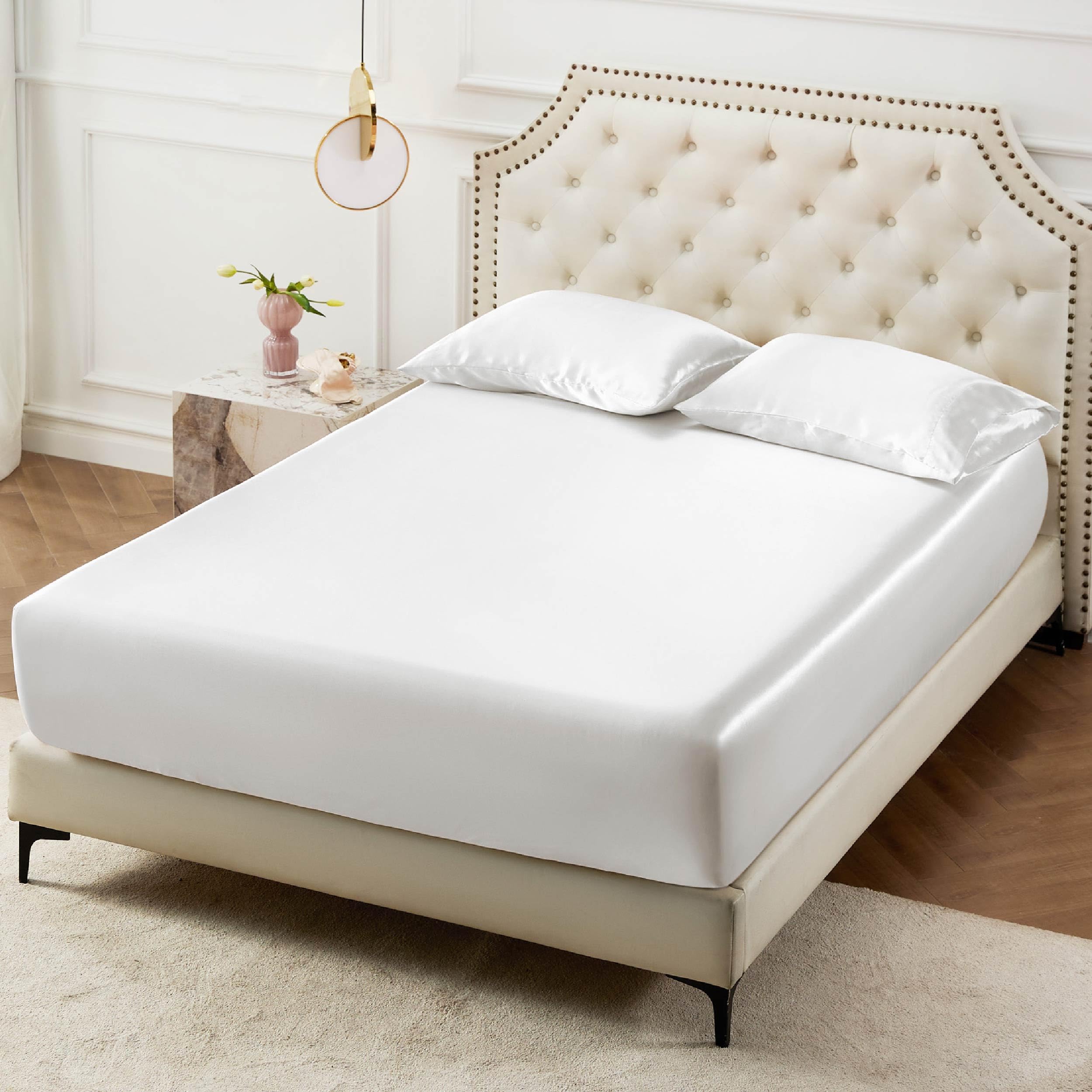 Photo 1 of Bedsure Satin Fitted Sheet Only Queen Size - Silk Bed Sheet, Luxury & Ultra Soft, Non-Fading & Wrinkle Free, Good for Skin (White, 60x80+15 Inches, 1 Piece, No Pillowcases)