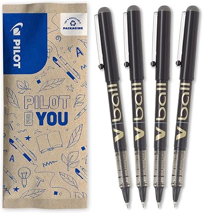 PILOT V Ball 07 Liquid Ink Rollerball Pen Medium Black Pack of 4