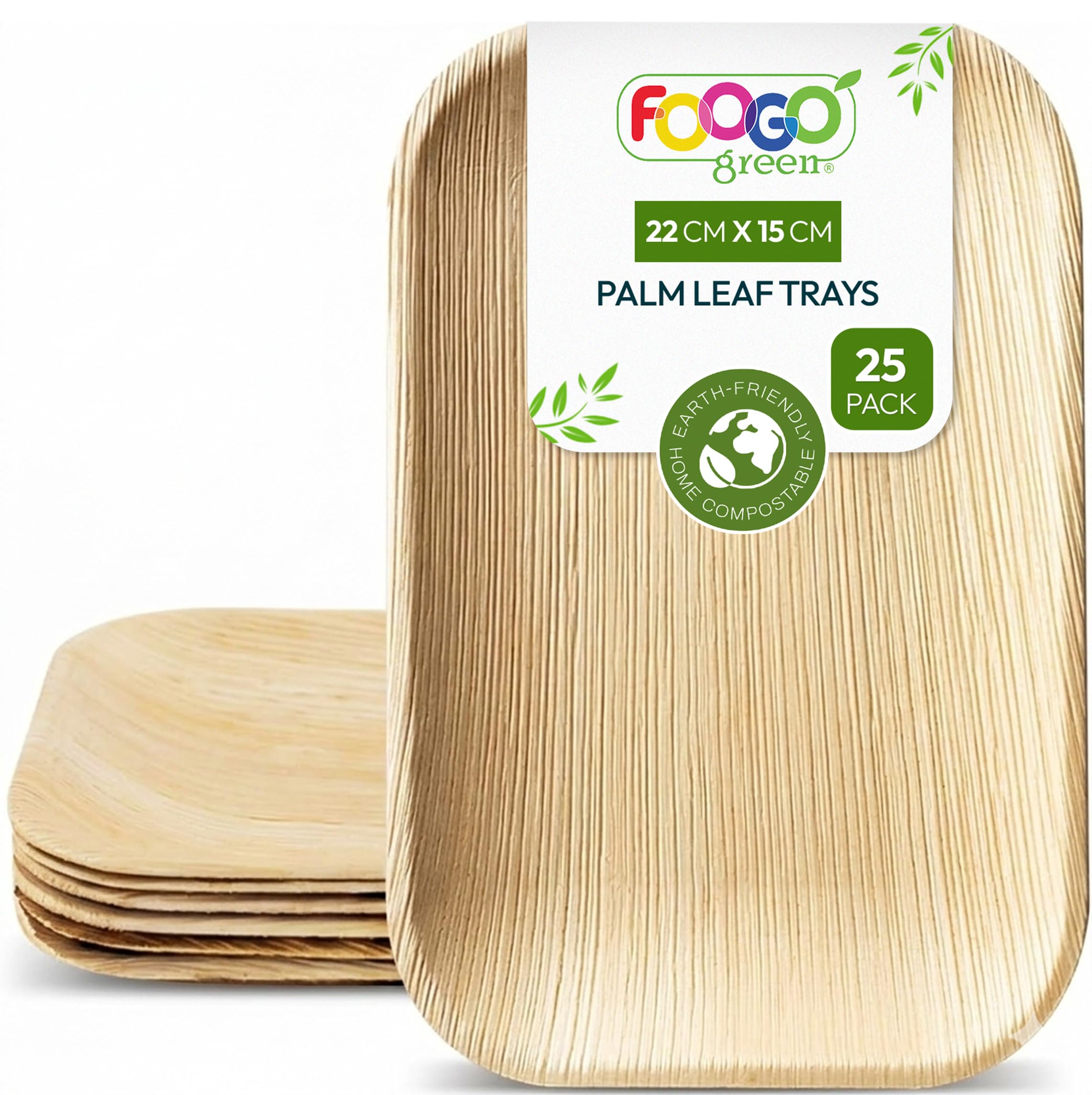 FOOGO Green 25 Disposable Palm Leaf Serving Trays, Medium 9x6 inch (22x15cm), For Starters And Desserts, Parties, Sturdy, Eco Friendly, Biodegradable Like Wooden Trays For Hot Food