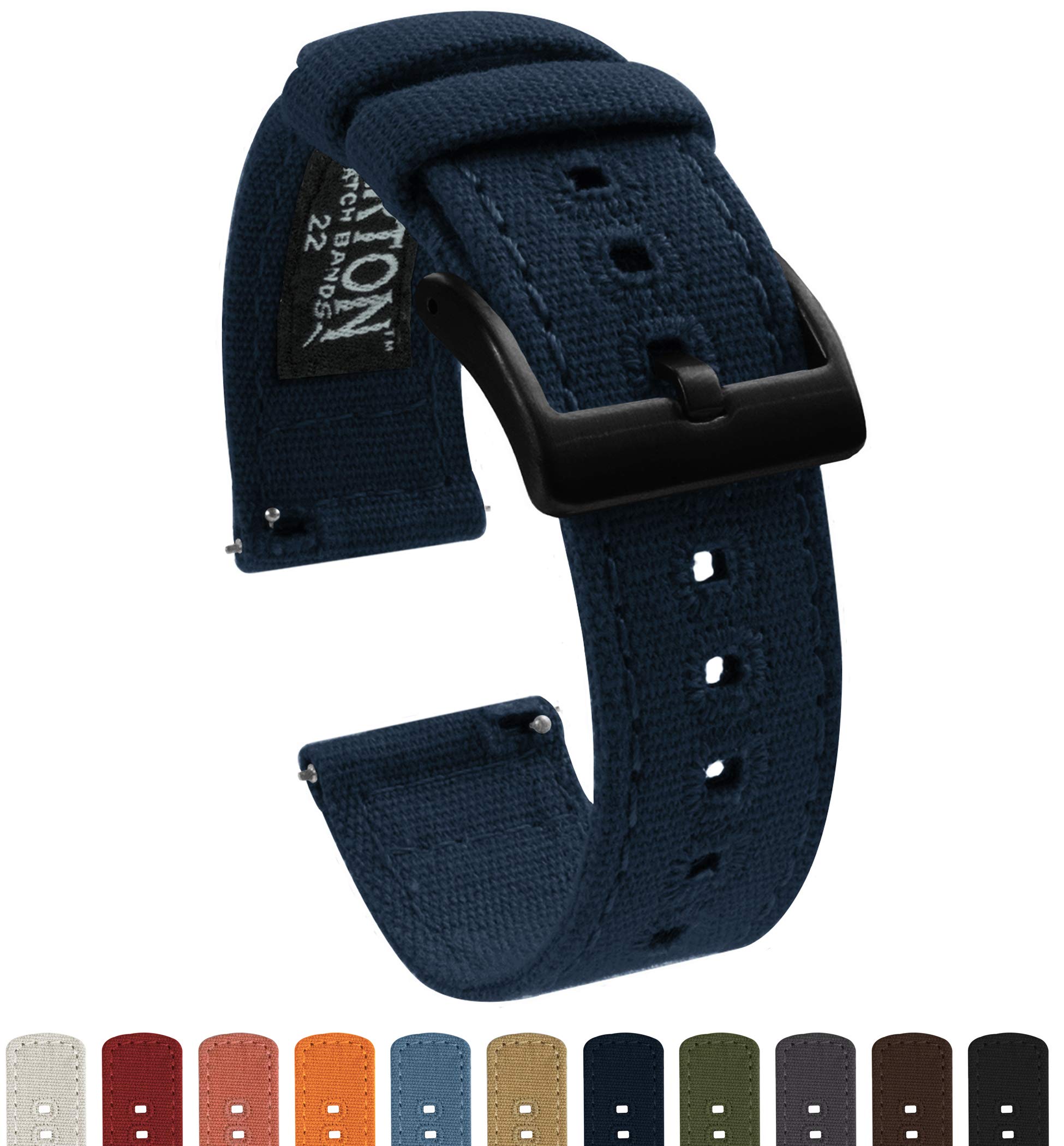 22mm Navy Blue - BARTON Canvas Quick Release Watch Band Straps - Choose Color & Width - 18mm, 20mm, or 22mm - Black PVD Buckle
