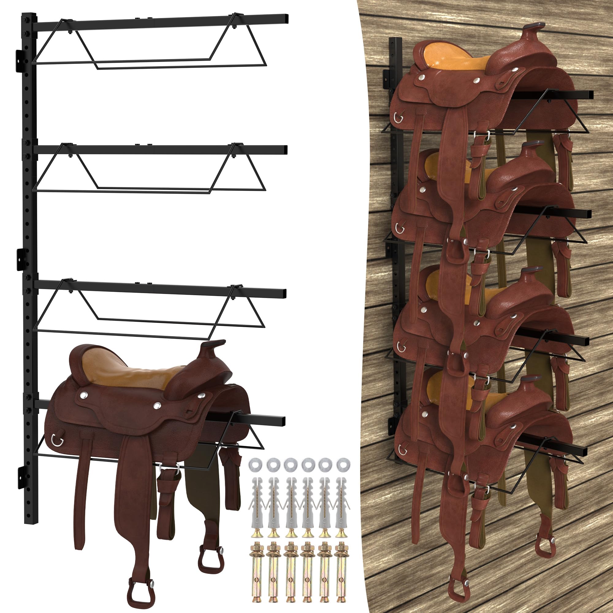 Photo 1 of RTOSY 4 Tier Saddle Rack Wall Mount, Horse Saddle Rack for English & Western Saddles, Tack Storage, Pad, Accessories etc for Horses