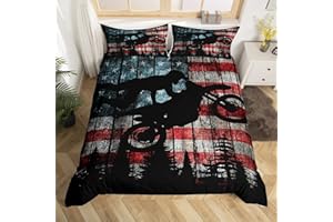 Homewish American Flag Duvet Cover Set Queen Size Boys Dirt Bike Racing Motocross Rider Rustic Farmhouse Wooden Comforter Retro Black Pine Tree Silhouette Quilt 3pcs, 90''x90'', (ZZRS261ZMD-TJ_USq)