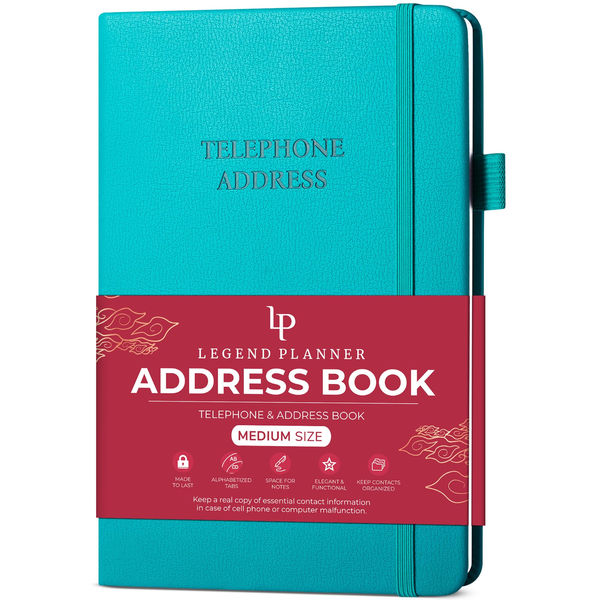 Legend Planner Address Book with Alphabetical Tabs –Telephone Contacts Book for Phone Numbers, Addresses, Passwords, Medium (Turquoise)