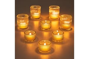 Glasseam Glass Tealight Candle Holder: Set of 8 Ribbed Clear Votive Candle Holders for Table Centerpiece, Decorative Small Vintage Tea Lights Candle Holder for Wedding Christmas Dining Room Decoration