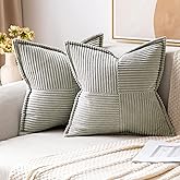 MIULEE Decorative Throw Pillow Covers for Couch Bed Livingroom 18x18 Inch Set of 2 Light Grey Boho Accent Throw Pllows Broadside Striped Patchwork Soft Corduroy Pillowcases