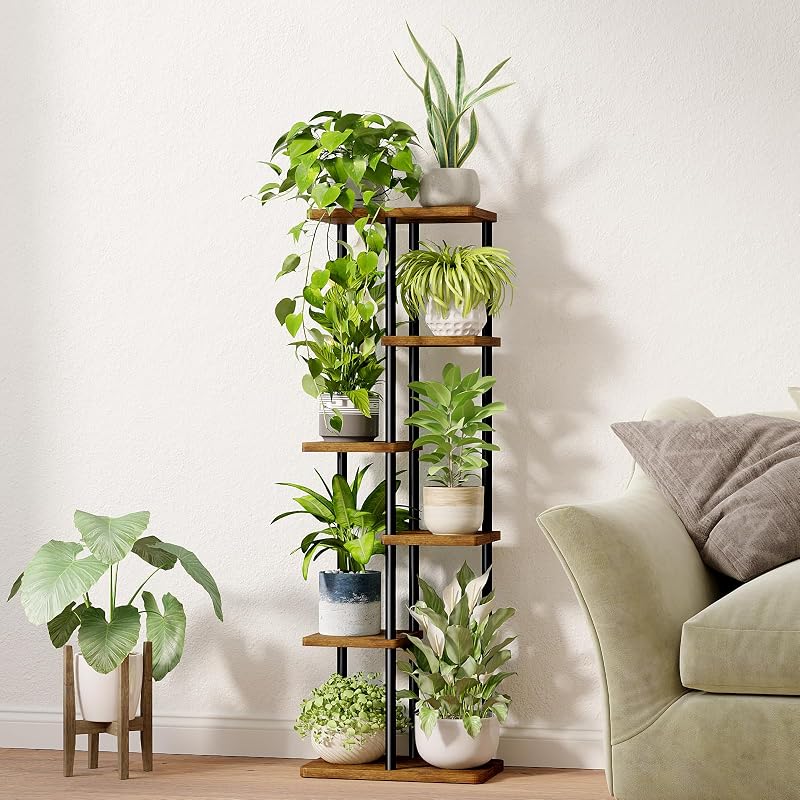 Soporte alto para plantas de interior de 6 niveles, estante de metal marrón, soporte grande para plantas múltiples macetas para patio, jardín, esquina, balcón, sala de estar