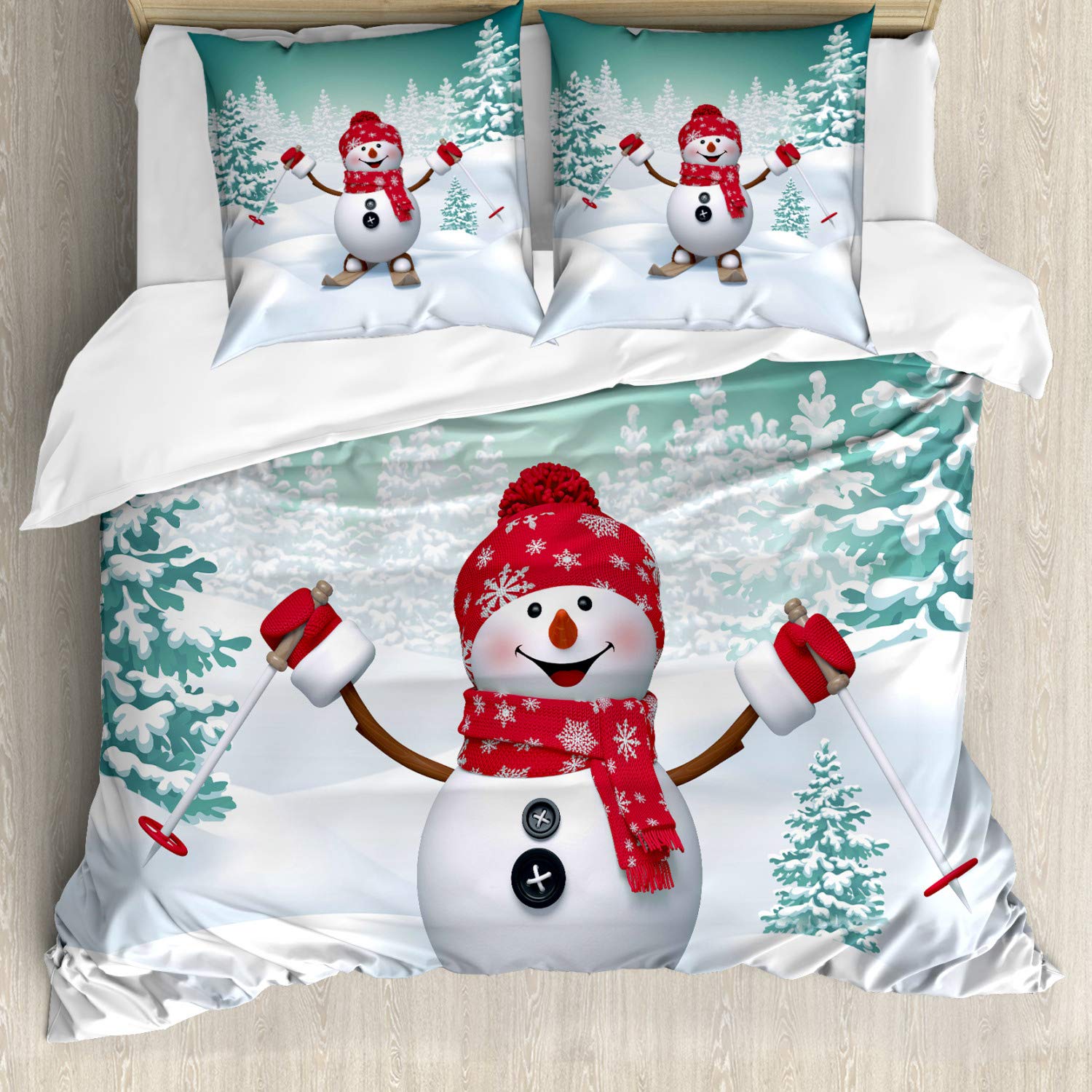 ABAKUHAUS Christmas Duvet Cover Set, Snow Covered Mountain Fir Trees and Skiing Snowman Fun Holiday Activity, Bedding Set 3 Pieces with 2 Pillow Shams, 200 cm x 200 cm, Teal Red White — image 1