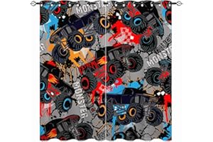 YUANZU Monster Truck Blackout Curtains - Kids Boys Car Shabby Dots and Spray Paint Texture Ink Print Pattern Grommet Room Darkening Window Drapes for Nursery Baby Bedroom Playroom 2 Panels W29.5 x L65