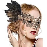 Zinniday Halloween Feather Masquerade Masks - 1920s 50s Antique Lace Venetian Mask for Women Renaissance Cosplay Party