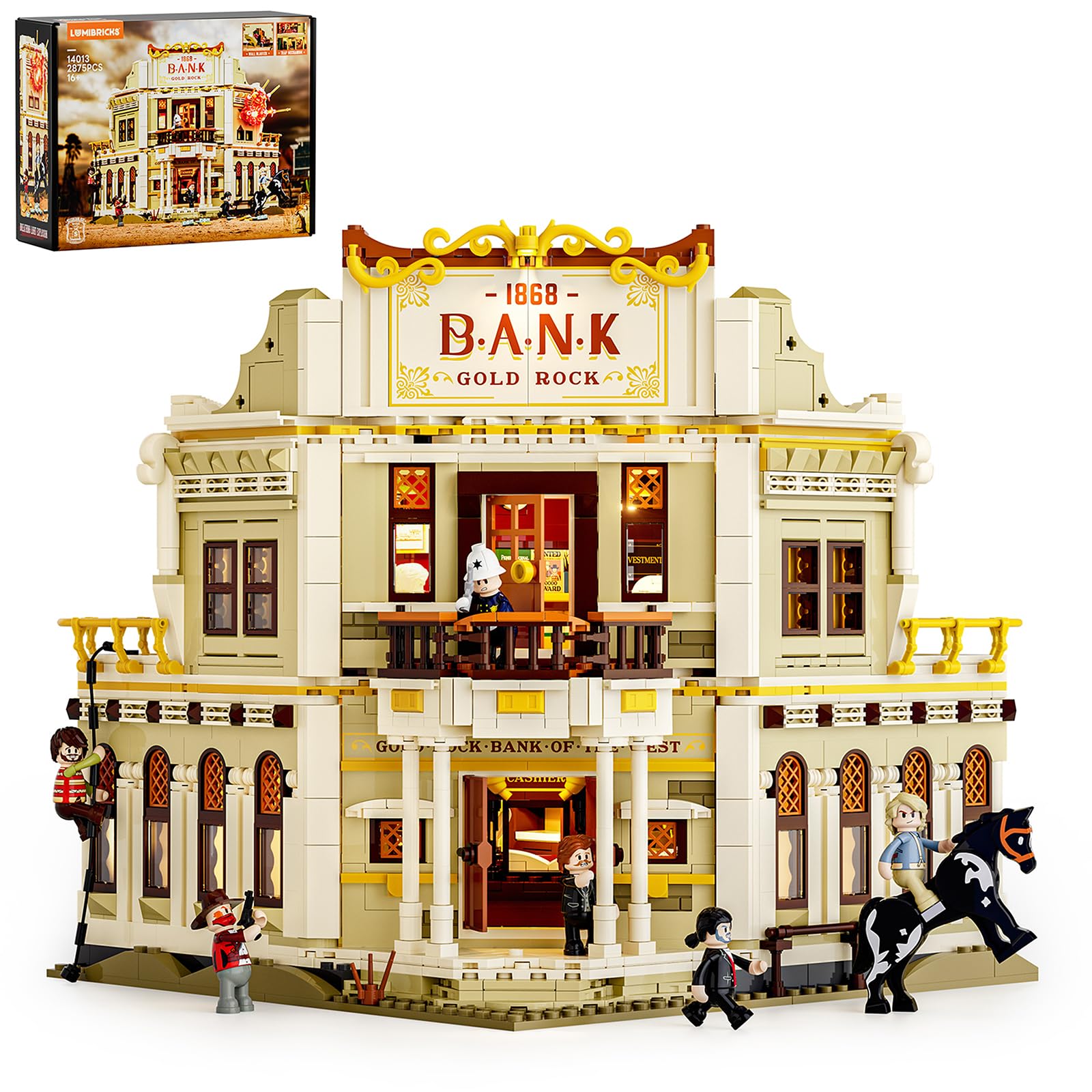 Lumibricks Western Bank Heist Bausatz – 2875 PCS Wildwest-Stadt Flagship-Modell mit 11 LED-Lichtern, 6 Minifiguren, Hochdetaillierte Architektur, Sammlerstück & Geschenk für Erwachsene & Kinder