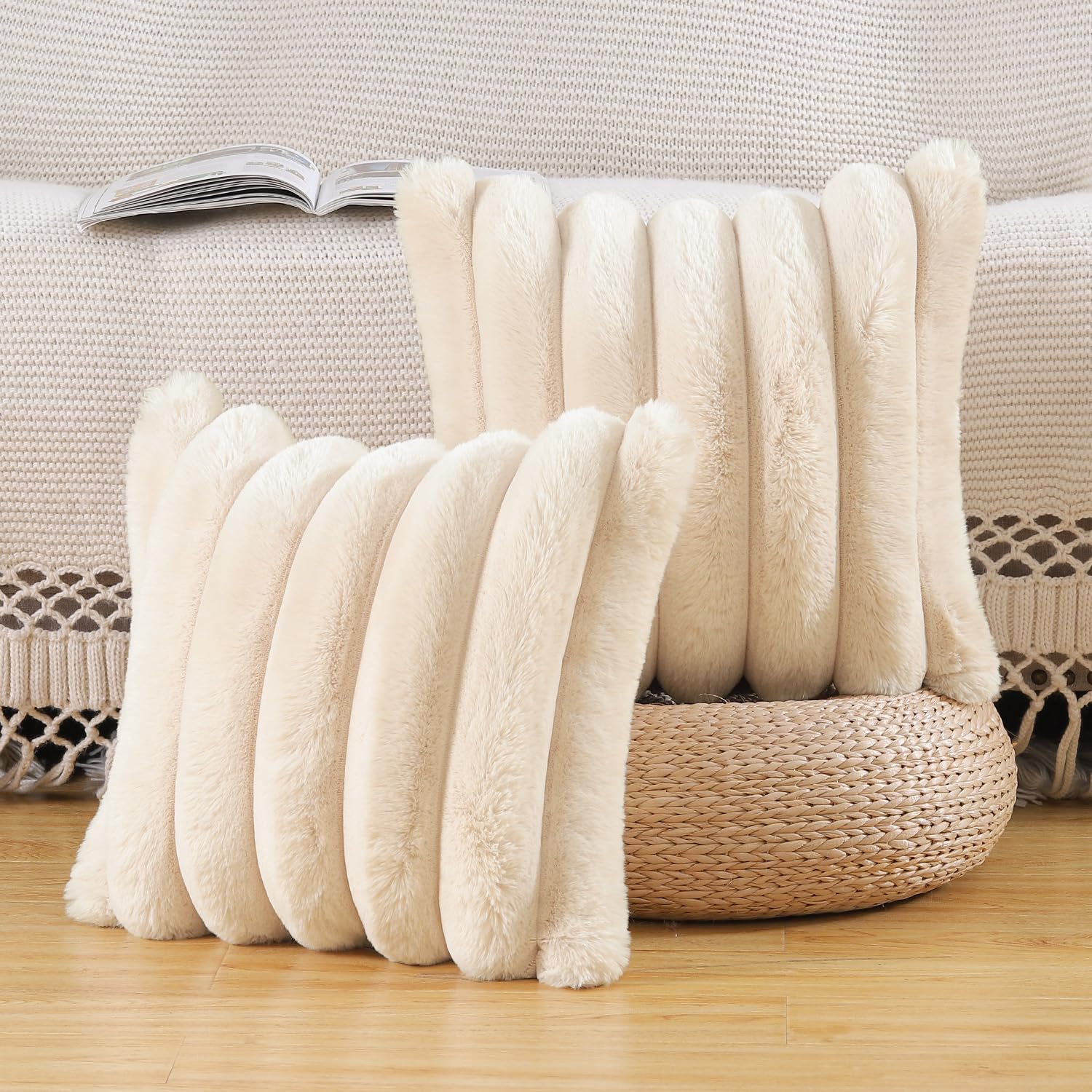 Madizz Plush Faux Fur Throw Pillow Covers 26x26 inch, 65x65 cm Beige Set of 2 Fluffy Striped Soft Decorative Cushion Cover for Sofa Bedroom Pillow Shell