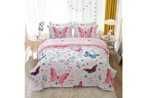 Jameswish Butterfly Comforter Set Twin Size for Girls Kids Teens 7 Piece Bed in A Bag Colorful Butterflies Flower Leaves Bedding Set All Season Lightweight