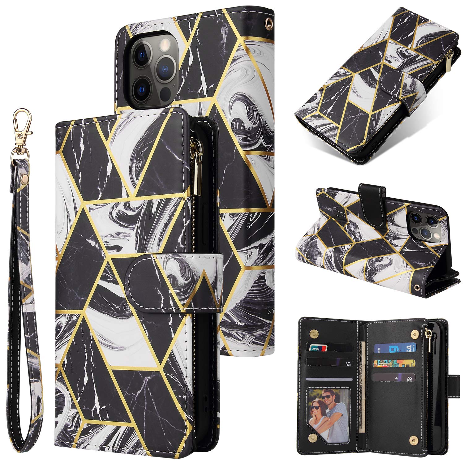 DEFBSC Case for 6.7" iPhone 12 Pro Max, Premium PU Leather Geometric Marble Pattern Zipper Wallet Case with Detachable Wrist Strap, Magnetic Closure Card Slots Shockproof Flip Cover Case - Black