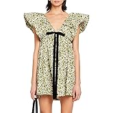 hibshaby Women's Floral Print Mini Dress V Neck Puff Sleeve Dress Short Babydoll Bow Dress